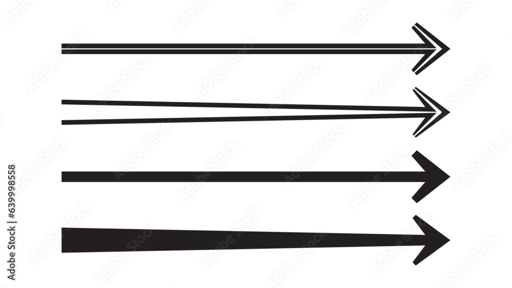 Black long straight arrow line with cursor element. Horizontal thin right basic pointer to location. Simple uncolored path direction. Next clipart graphic icon for proceed transfer away