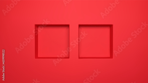 Red 3d square niche shelf wall render vector background. Two recess product podium shoot in studio interior. Modern photography showcase perspective view concept for fashion or beauty advertising. photo