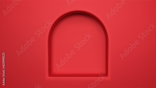Red 3d render arch niche shelf wall platform for product shoot. Recess arc podium with space for workshop studio interior. Modern color big fashion showcase advertising concept with empty area