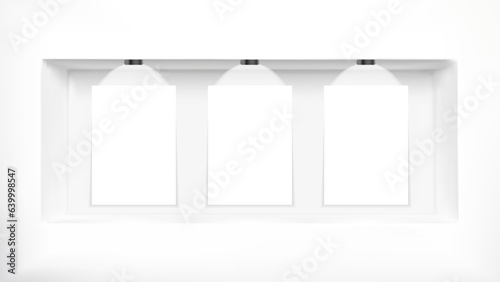 White empty window place art inside niche wall shelf. 3d blank showcase in store with lamp studio interior. Three a4 vertical page hang exhibition to show in shop. Realistic advertising presentation.