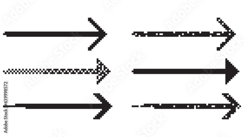 Pixel art vector straight arrow icon design set. Lest and right pointer with digital square dotty graphic. Black creative direction line for game interface illustration and orientation element