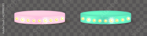 3d cute girly light bulb podium stage in pink and green. Beauty makeup pastel platform design template for advertising. Grand casino floor with lightbulb for studio illustration. Dance disco stand.