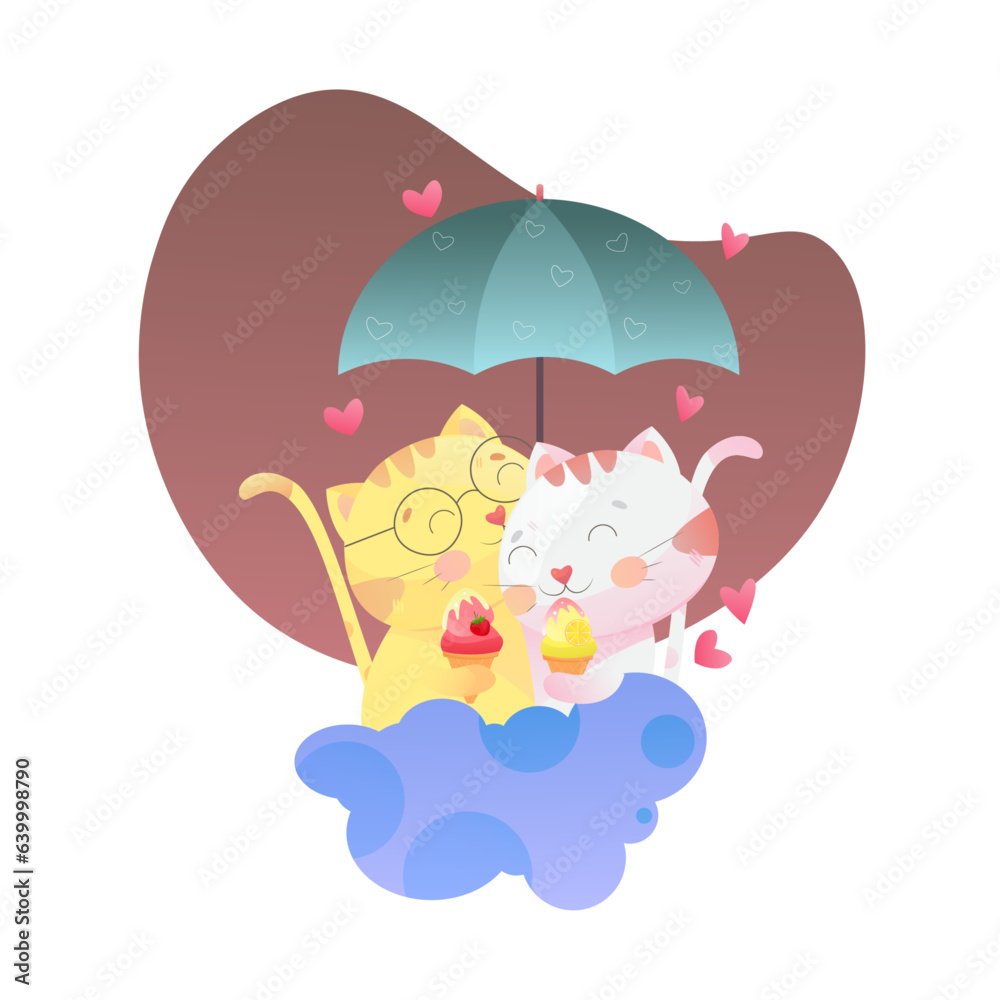 cute cat couple under an umbrella 