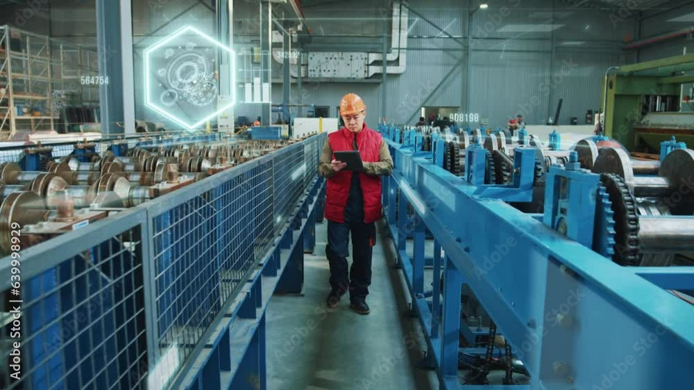 Professional engineer walking at factory. Augmented processing. Digitized image of future work at ennterprises. Checking status of manufacture