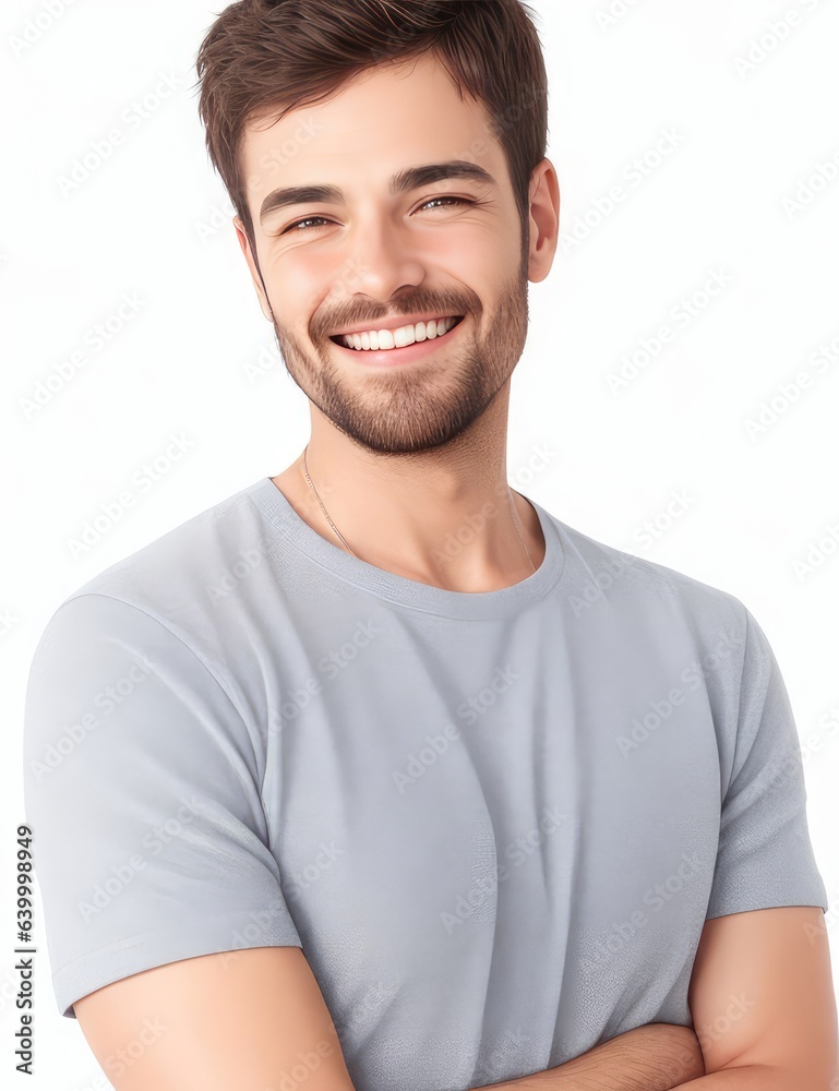 Portrait of handsome smiling man wearing a T-shirt isolated on white background generative ai
Portrait of handsome smiling man wearing a T-shirt isolated on white background generative ai