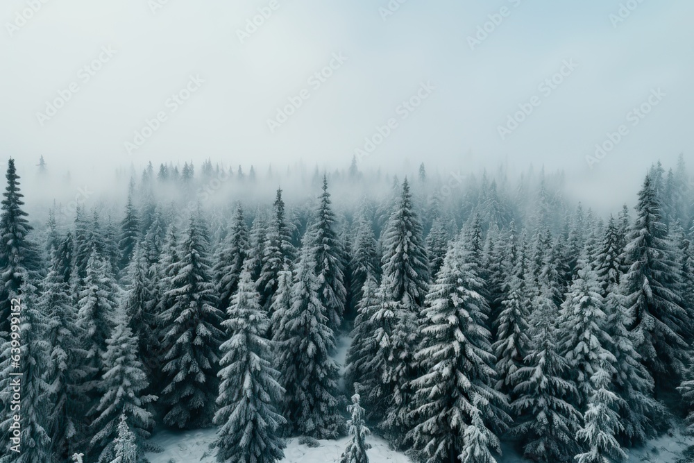 Aerial view photography of Pine Trees Covered With Snow in froggy forest Aerial view photography of Pine Trees Covered With Snow in froggy forest