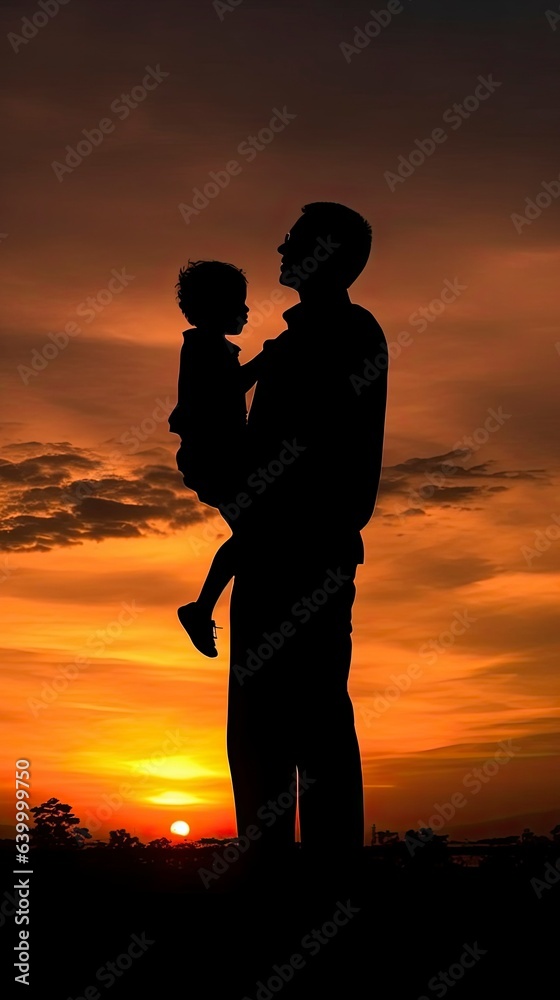 Fictional father with a child on a sunset background.