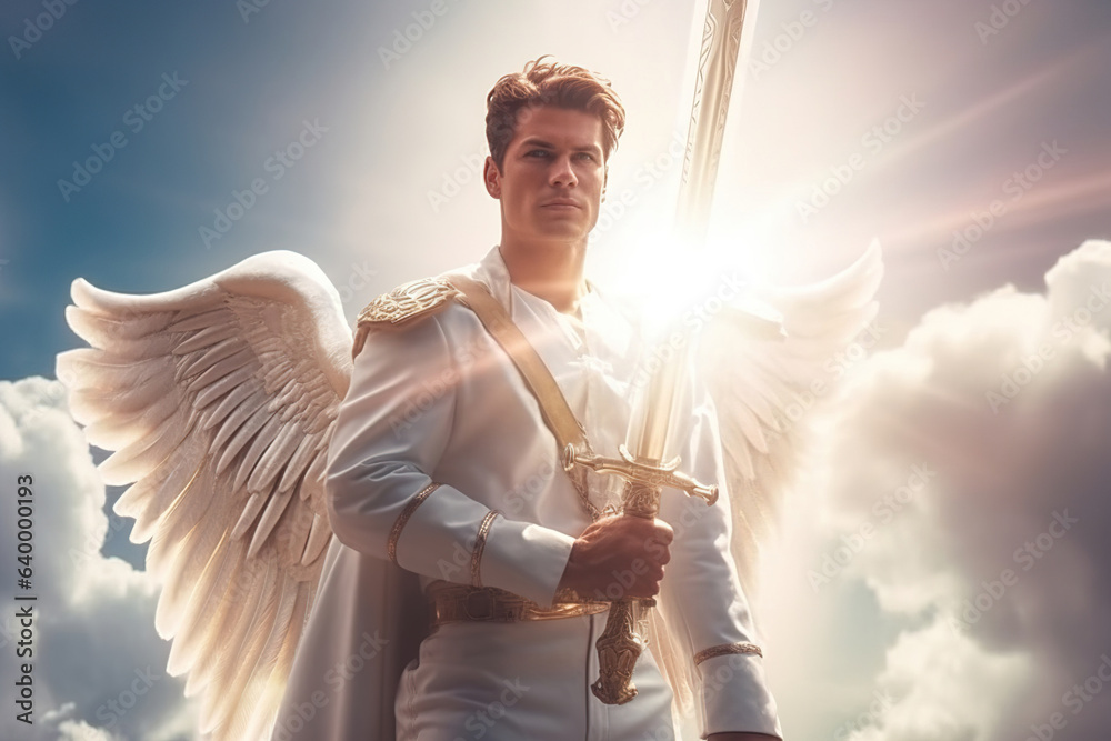 A shining angel in white clothes with a sword in his hand in the sky on the clouds, a defender of goodness and justice, a warrior of light, generation AI - obrazy, fototapety, plakaty 