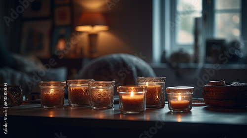 Warm cozy home interior with burning candles, afternoon room decoration, creative decor arrangement.