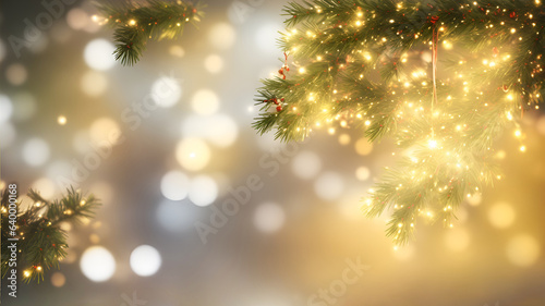Winter, Christmas background with Christmas tree branch, decorations, stars, lights, sparks, bokeh, festive mood, AI generation