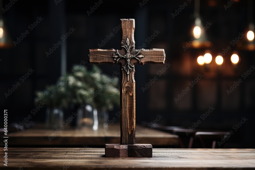 Old wooden cross in a church on a table on a blurred background, AI generation - obrazy, fototapety, plakaty 