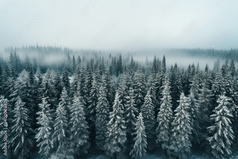 Aerial view photography of Pine Trees Covered With Snow in froggy forest Aerial view photography of Pine Trees Covered With Snow in froggy forest