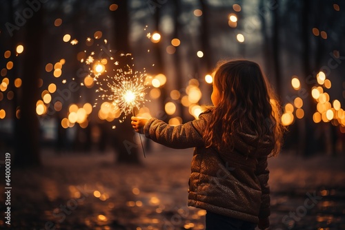 A little girl holds a sparkler in her hand during a New Year's Eve celebration