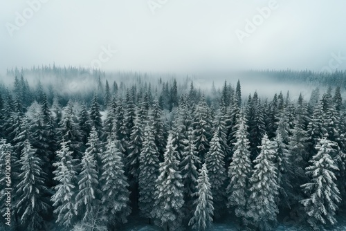 Aerial view photography of Pine Trees Covered With Snow in froggy forest