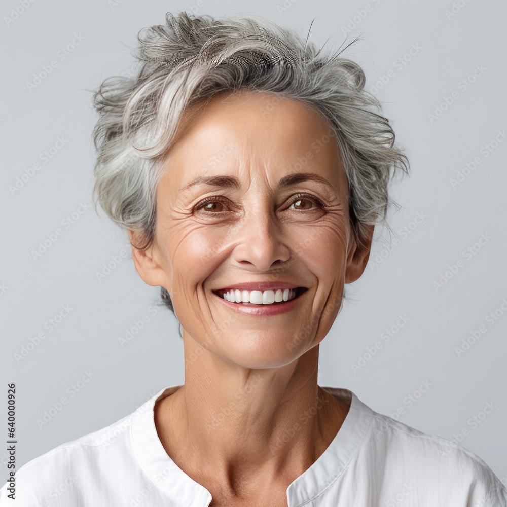 Fictional smiling woman in her 50s wearing a white shirt.