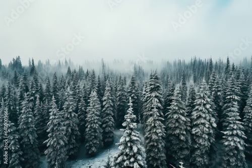 Aerial view photography of Pine Trees Covered With Snow in froggy forest