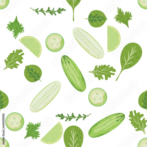 Seamless pattern of cucumbers, greens, lettuce. Creative texture for fabric, packaging, textiles, wallpaper, and clothes. Vector illustration for kids. cute fruit background.