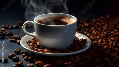 low angel shot of a black steaming coffee surrounded by fresh coffee beans  Generative Ai 