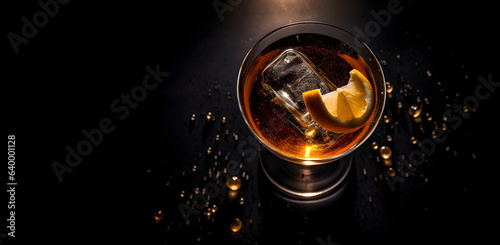 cold refreshing cocktail with orange peel and ice 