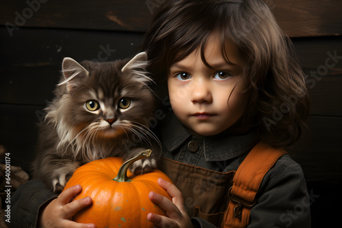 Little boy with cat holding a pumpkin