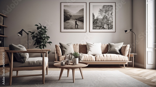 White and wooden living room corner with sofa and poster © Matthew