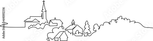 Village with church. Continuous one line art drawing style.