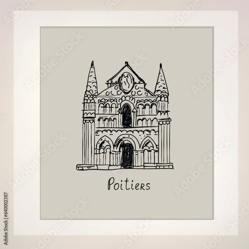 French city  Poitiers. Famous touristic landmark. Church Notre-Dame-La-Grande in Poitier, France. Architectural symbols of European cities. Travel drawn architectural icon. France