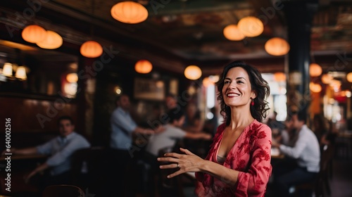 elegant, beautiful and happy woman in a restaurant