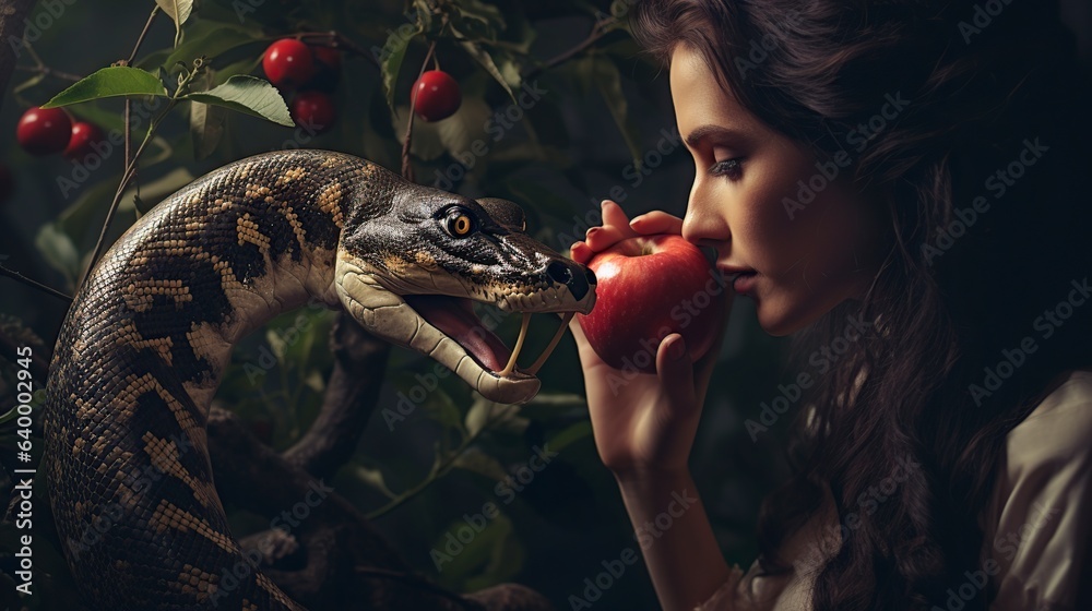 eva in the garden of eden with the snake and the apple - obrazy, fototapety, plakaty 