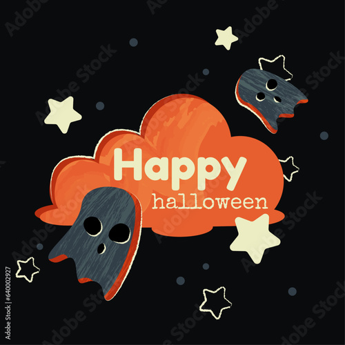 halloween banner, template, card with ghosts and cloud at the night sky full of stars. vector bright funny illustration with lattering happy halloween photo