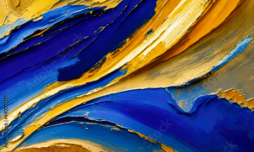 Closeup of abstract rough blue and gold color multi colored art painting texture, with oil brushstroke, pallet knife paint on canvas. Generative AI