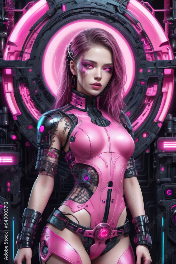 Portrait of a futuristic female with pink futuristic dress technology expert, tuner, or hacker. Pink theme cyborg woman. Portrait of a futuristic female with pink futuristic dress technology expert, tuner, or hacker. Pink theme cyborg woman.
