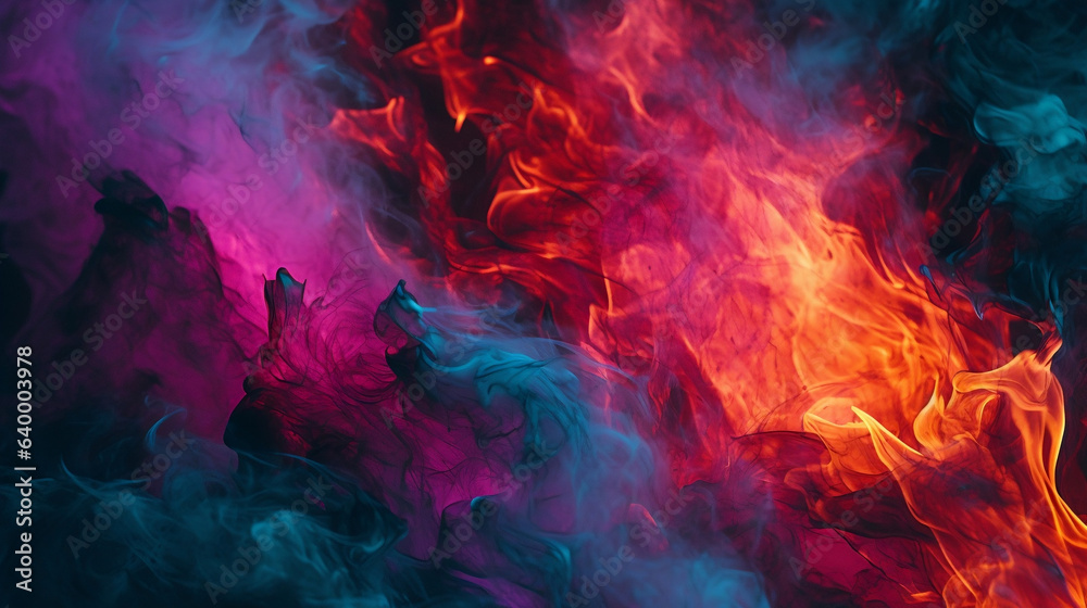 Fototapeta premium Chromatic Inferno, Black and Red Flames, Noise Accents and a Rainbow Edge on Painterly Surfaces, Burnt Smoke - Generative AI