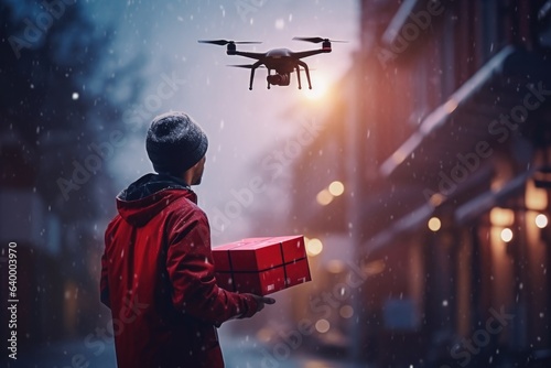 Atmospheric process of unmanned drone delivery. Generative AI