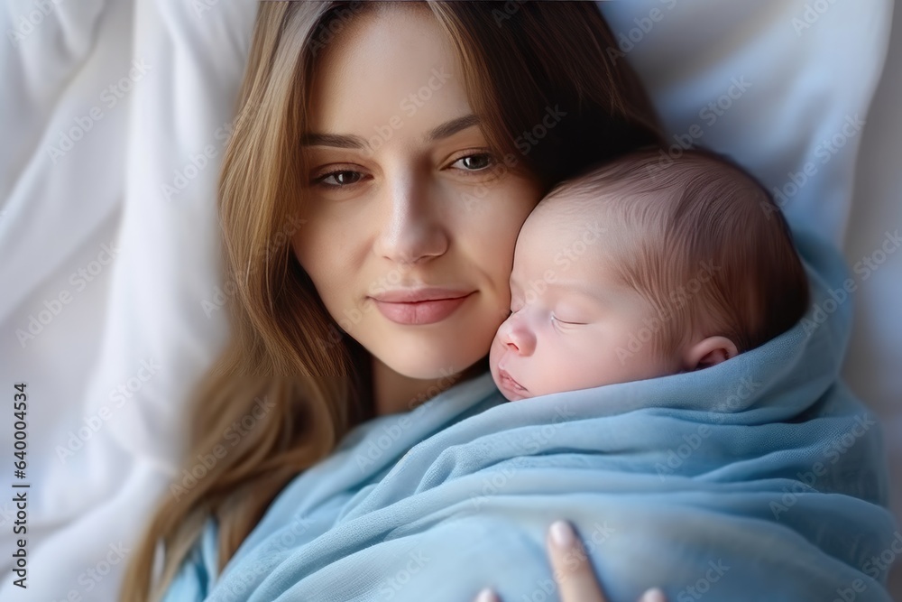 Woman holding adorable baby wrapped in blue blanket. Generative AI Woman holding adorable baby wrapped in blue blanket. Generative AI