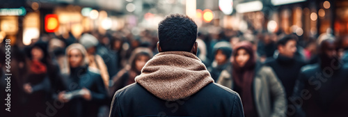 A young man stands in the middle of crowded street. Alone man standing still on a busy street with people walking past, digital ai photo