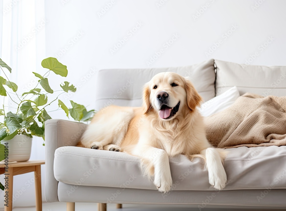 The embodiment of companionship A close up portrayal of a robust Labrador reclining on a gray rug within the comforts of a contemporary living space. The golden retriever rests serenely. The embodiment of companionship A close up portrayal of a robust Labrador reclining on a gray rug within the comforts of a contemporary living space. The golden retriever rests serenely.