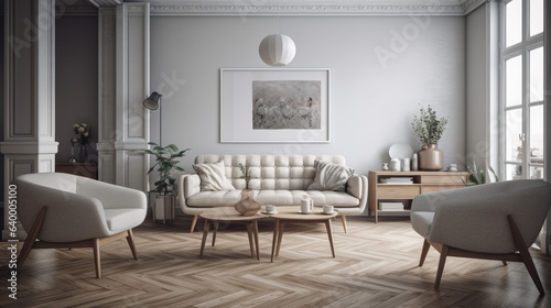 White sofa and armchairs in scandinavian style home interior design of modern living room. © Matthew
