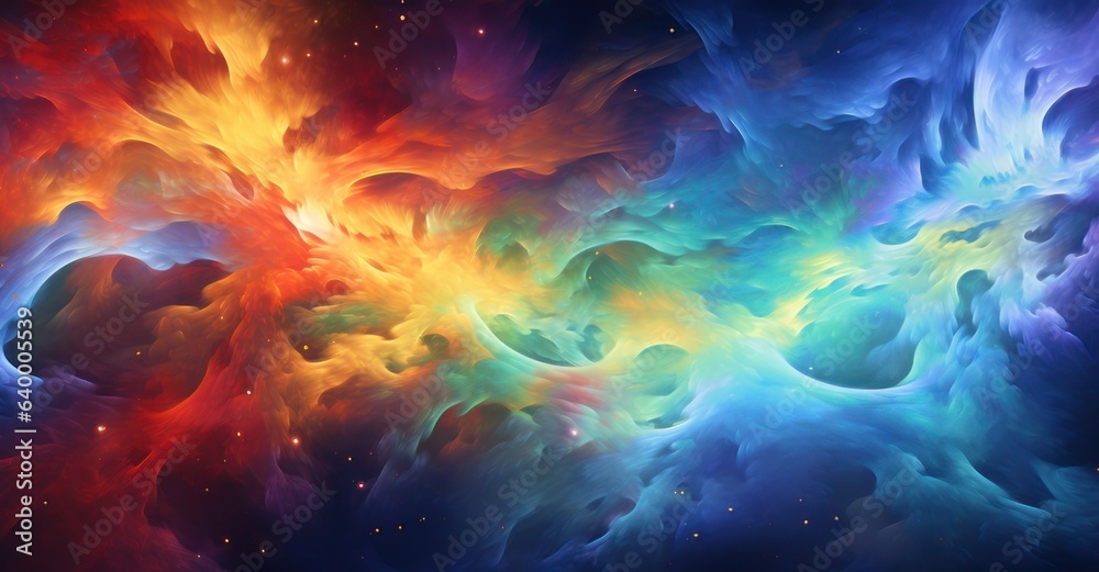 Nebulous clouds and starbursts in an interstellar void.