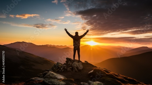 National Live Fearless Day  September 2. A fearless hiker is standing on an overhanging rock enjoying the view on sunset sky background. Live fearlessly.