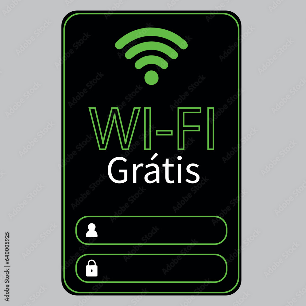 Wi-fi Grátis Placa de Aviso Internet  Livre. Arte informativa preta com detalhes verdes. Disponível espaço para login e senha.