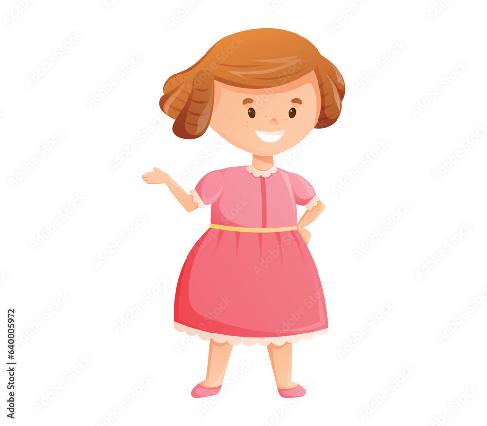 Cute cartoon smiling girl in a pink dress. Vector isolated illustration of a child. Cute cartoon smiling girl in a pink dress. Vector isolated illustration of a child.