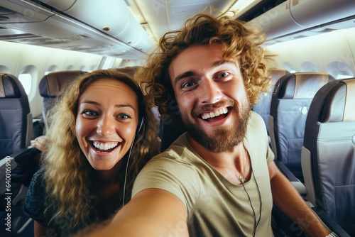 Happy tourist taking selfie inside airplane © Celina