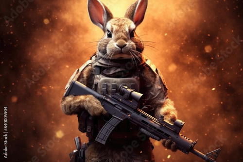 Rabbit in body armor and with a machine gun. Beast in an armor with glowing eyes. Generative AI