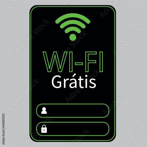 Wi-fi Grátis Placa de Aviso Internet  Livre. Arte informativa preta com detalhes verdes. Disponível espaço para login e senha.