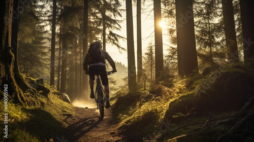 Foto Mountain biker on forest trail in the sunset. Generative AI