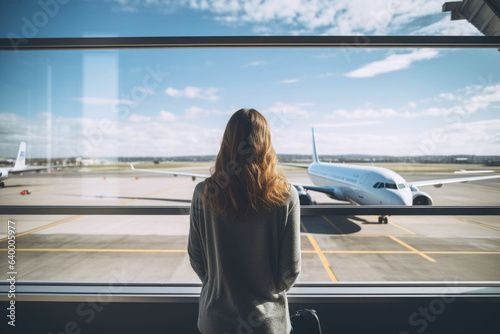 Woman standing at lounge with luggage watching at airport window while waiting at boarding gate before departure. AI generated