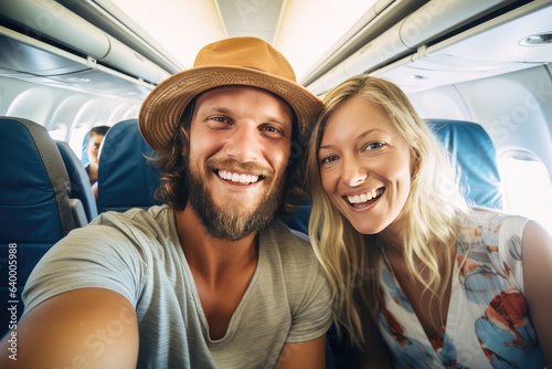 Happy tourist taking selfie inside airplane