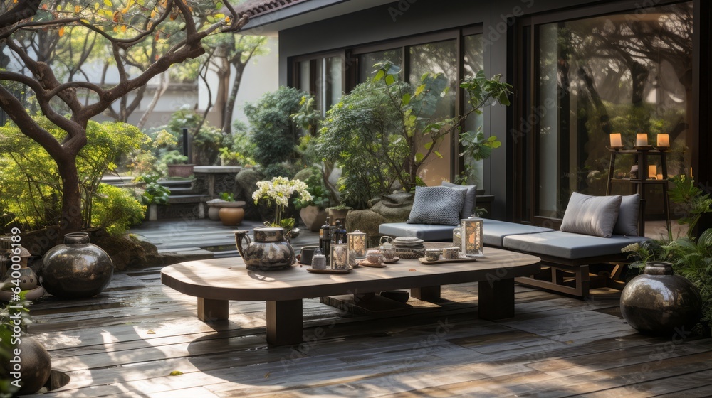 A garden design in a backyard with an outdoor bench, in the style of song dynasty, minimalist ceramics, western zhou dynasty, large