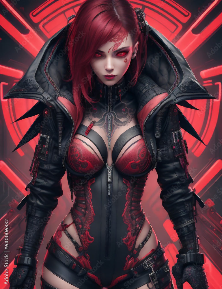 Portrait of a futuristic female with red futuristic dress technology expert, tuner, or hacker. Red theme cyborg woman. Portrait of a futuristic female with red futuristic dress technology expert, tuner, or hacker. Red theme cyborg woman.